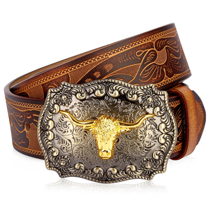 Men's Western Leather Belt with Golden Cowboy Longhorn Buckle
