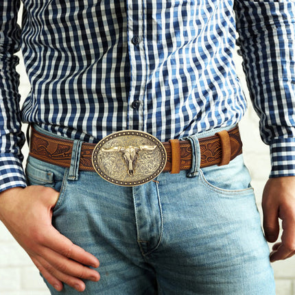 Men's Western Leather Belt with Golden Cowboy Longhorn Buckle