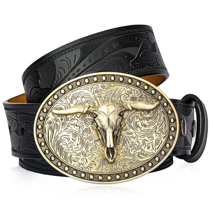 Men's Western Leather Belt with Golden Cowboy Longhorn Buckle