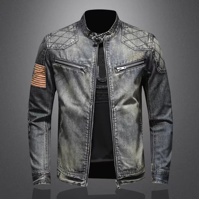 Trendy Retro Men's Denim Jacket with Stand-Up Collar & Zipper