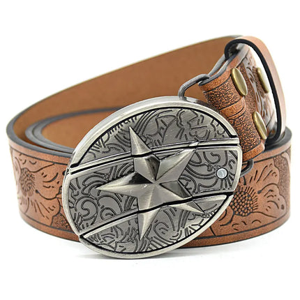 Stylish Embossed Cowboy Waist Belt with Adjustable Buckle