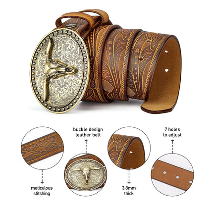 Men's Western Leather Belt with Golden Cowboy Longhorn Buckle