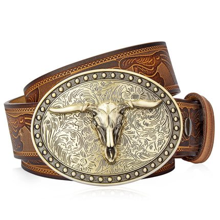 Men's Western Leather Belt with Golden Cowboy Longhorn Buckle