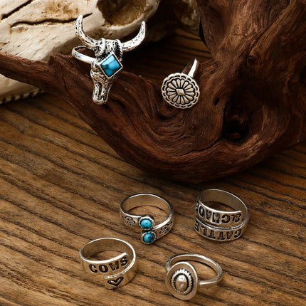 6 Pcs Cowboy & Cactus Turquoise Ring Set