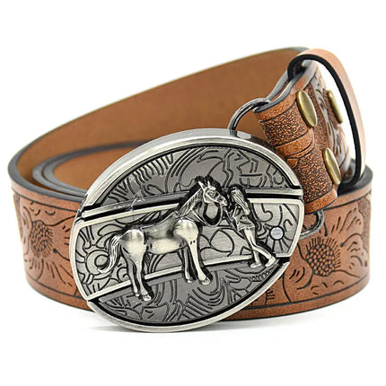 Stylish Embossed Cowboy Waist Belt with Adjustable Buckle
