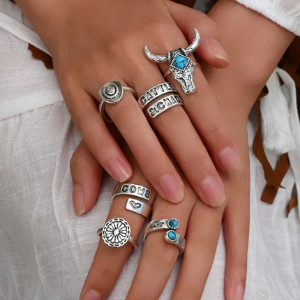 6 Pcs Cowboy & Cactus Turquoise Ring Set