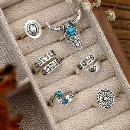 6 Pcs Cowboy & Cactus Turquoise Ring Set