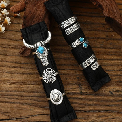 6 Pcs Cowboy & Cactus Turquoise Ring Set