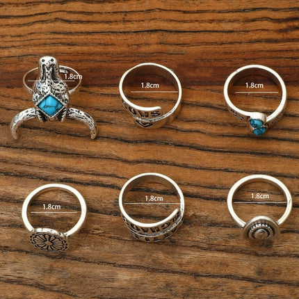 6 Pcs Cowboy & Cactus Turquoise Ring Set