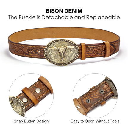 Men's Western Leather Belt with Golden Cowboy Longhorn Buckle