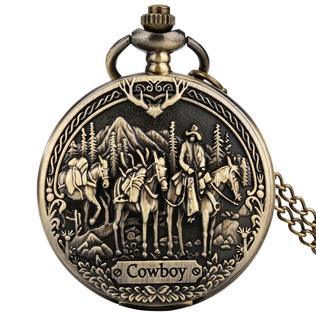 Vintage 3D Embossed Western Cowboy Steampunk Quartz Pocket Watch