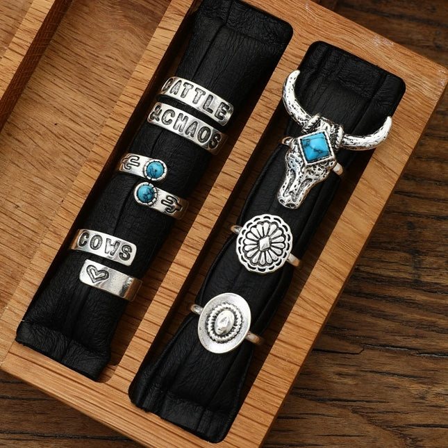 6 Pcs Cowboy & Cactus Turquoise Ring Set