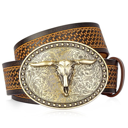Men's Western Leather Belt with Golden Cowboy Longhorn Buckle