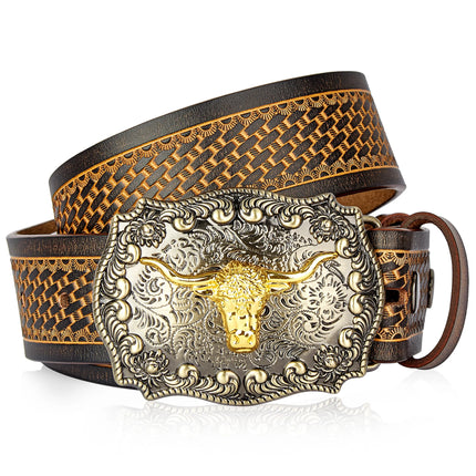 Men's Western Leather Belt with Golden Cowboy Longhorn Buckle