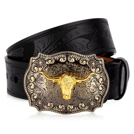 Men's Western Leather Belt with Golden Cowboy Longhorn Buckle