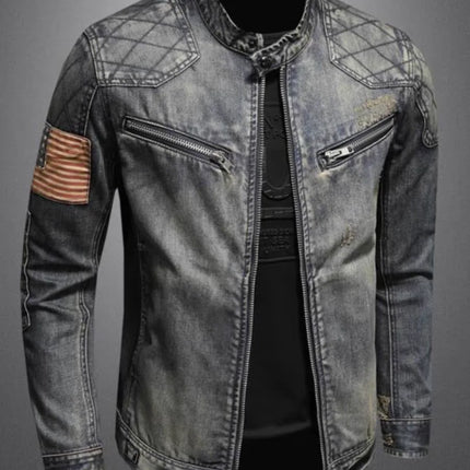 Trendy Retro Men's Denim Jacket with Stand-Up Collar & Zipper