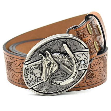 Stylish Embossed Cowboy Waist Belt with Adjustable Buckle