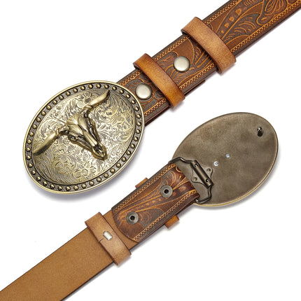 Men's Western Leather Belt with Golden Cowboy Longhorn Buckle